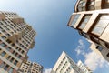 Moscow, Russia, April 21 2019. Typical residential high-rise buildings. Bottom view. angle Royalty Free Stock Photo