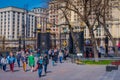 MOSCOW, RUSSIA- APRIL, 24, 2018: Unidentified people walk on Manezhnaya Square near famous prestigious building of Four Royalty Free Stock Photo