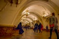 MOSCOW, RUSSIA- APRIL, 29, 2018: Unidentified people walking in Kievskaya Metro Station in Moscow. It is on the