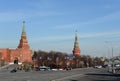 View of Borovitskaya Square and the towers of the Moscow Kremlin. Royalty Free Stock Photo