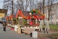 Workers decorate trading houses on Pushkin square for the festival `Moscow Spring` in Moscow