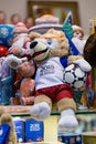 MOSCOW, RUSSIA - APRIL 30, 2018: Zabivaka is the official mascot of the 2018 FIFA World Cup mundial. Souvenir shop shelf. Royalty Free Stock Photo