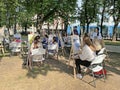 Moscow, Russia, June. 20, 2019. Art lesson on Strastnoy Boulevard in the summer in Moscow