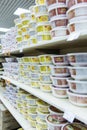 Moscow, Russia, 07/03/2020: Asian dry noodles on the shelves in a supermarket. Side view. Vertical