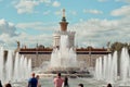 Fountain Stone Flower and Ukraine Pavilion on blue sky and clouds Royalty Free Stock Photo