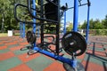 Moscow, Russia - 17 Aug. 2022. outdoor sports complex with weight training equipment