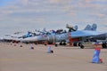 MOSCOW, RUSSIA - AUG 2015: Sukhoi fighter aircrafts presented at