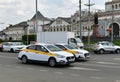 Moscow, Russia -06 Aug 2020. Taxi traffic on the square in front of the Kazansky railway station