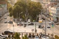 Above view of Trubnaya square and pedestrian boulevard with people and cars