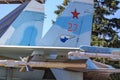 Moscow, Russia - August 01, 2018: Armament of russian fighter SU-27 closeup on Exhibition of Achievements of National Economy VDN