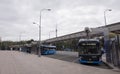 Moscow. Russia-August 2020: Blue electric bus at the charging station, charging from the pantograph