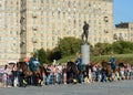 The cavalry honorary escort of the Presidential Regiment speaks against the background of the monument to the heroes of the First