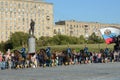 The cavalry honorary escort of the Presidential Regiment speaks against the background of the monument to the heroes of the First