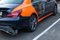 A CLA 200 car Mercedes Benz from car sharing company `Belka car` on toll parking. Rear bumper fell off after a traffic accident.