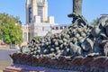 Moscow, Russia - August 01, 2018: Decorative elements Grapes and pitcher of fountain Stone flower on a background of pavilion Grai Royalty Free Stock Photo