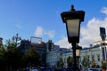 Moscow, Russia - August 2020: Forged lantern in the foreground against the background of the Bolshoi Theatre in the Royalty Free Stock Photo