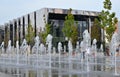 Moscow, Russia, August 28, 2021: Fountain cascade on hot sunny day in Khodynskoye field - Moscow park in southern part of histori