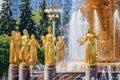 Moscow, Russia - August 01, 2018: Fountain Friendship of peoples with gilded bronze girls symbolizing Republic of USSR on Exhibiti