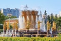 Moscow, Russia - August 01, 2018: Fountain Friendship of peoples with gilded bronze girls symbolizing Republics of USSR on VDNH in