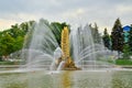 Moscow, Russia - august 12, 2019: Fountain Golden spike at VDNKh in Moscow