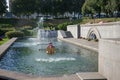 Moscow, Russia, August 13, 2018 - fountain in the park at the Cathedral of Christ the Savior