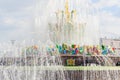 MOSCOW, RUSSIA - August 20, 2019: Fountain Stone Flower at VDNH park in Moscow against blue sky at sunny summer day Royalty Free Stock Photo