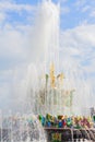 MOSCOW, RUSSIA - August 20, 2019: Fountain Stone Flower at VDNH park in Moscow against blue sky at sunny summer day Royalty Free Stock Photo