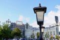 Moscow, Russia - August 2020: Forged lantern in the foreground against the background of the Bolshoi Theatre in the Royalty Free Stock Photo