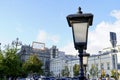 Moscow, Russia - August 2020: Forged lantern in the foreground against the background of the Bolshoi Theatre in the Royalty Free Stock Photo