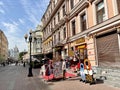 Moscow, Russia, August, 20, 2021. Gift shop `Gifts, Antique Dealer` on Arbat Street in Moscow in the summer. Russia