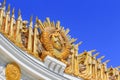 Moscow, Russia - August 01, 2018: Gilded coat of arms of Union of Soviet Socialist Republics on the facade of pavilion Central on