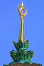 Moscow, Russia - August 01, 2018: Gilded spire with soviet star closeup on the roof of pavilion Ukrainian SSR on VDNH in Moscow on