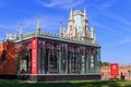 Moscow, Russia - August 12, 2018: Glass facade of pavilion above entrance to the Great Palace museum in Museum-reserve Tsaritsyno