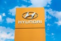 Moscow, Russia - August, 2021: Hyundai automobile dealership Sign against blue sky. Hyundai Kia is a South Korean manufacturer of