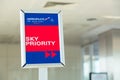 Moscow, Russia - August, 2018: Information sign Sky priority for a Business class passengers of Aeroflot Russian International air