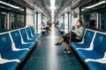 Moscow. Russia. August 29, 2020 The interior of a half-empty Moscow metro car. Passengers in protective masks. Necessary Royalty Free Stock Photo