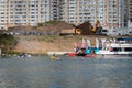 MOSCOW, RUSSIA - AUGUST 25, 2019: Ironman Swimmers on the motor ship, preparing to swim. Ironstar Crocus Fitness