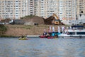 MOSCOW, RUSSIA - AUGUST 25, 2019: Ironman Swimmers on the motor ship, preparing to swim. Ironstar Crocus Fitness