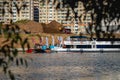 MOSCOW, RUSSIA - AUGUST 25, 2019: Ironman Swimmers on the motor ship, preparing to swim. Ironstar Crocus Fitness