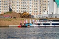 MOSCOW, RUSSIA - AUGUST 25, 2019: Ironman Swimmers on the motor ship, preparing to swim. Ironstar Crocus Fitness