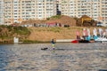 MOSCOW, RUSSIA - AUGUST 25, 2019: Ironman Swimmers on the motor ship, preparing to swim. Ironstar Crocus Fitness