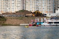 MOSCOW, RUSSIA - AUGUST 25, 2019: Ironman Swimmers on the motor ship, preparing to swim. Ironstar Crocus Fitness