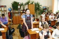 Moscow,Russia-August 16,2016-Little schoolboy sitting behind school desk during lesson in Russian school