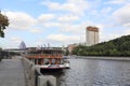 Moscow, Russia - August 07, 2019: On the Luzhnetskaya Embankment of the Moscow River.