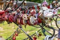 Moscow, Russia - August 03, 2019: Many wedding multicilored locks, castles on a wedding tree as a symbol of eternal love and