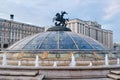 MOSCOW, RUSSIA - AUGUST, 2019: Moscow World Clock Fountain Manezhnaya Manege Square is pedestrian open space in Tverskoy