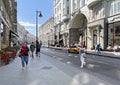 Moscow, Russia, August,28, 2021. Myasnitskaya Street, people are walking near the house 15. Former apartment house of I. E. Kuznet