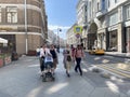 Moscow, Russia, August,28, 2021. Myasnitskaya Street, people are walking near the house 15. Former apartment house of I. E. Kuznet