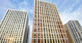 Moscow, Russia, August 2021: New multi-storey apartment block houses. Mortgage concept. Tall as skyscrapers. Blue sky. Copy space Royalty Free Stock Photo