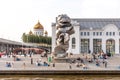 Moscow, Russia - August 29, 2021: Panoramic view of Bolotnaya embankment with GES-2 decommissioned power station after renovation